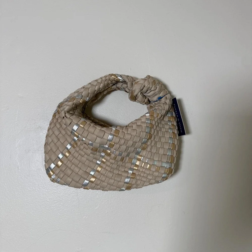 NWT Parker & Hyde Woven Knot Metallic Accent Hobo Handbag Size OS Beige Gold
